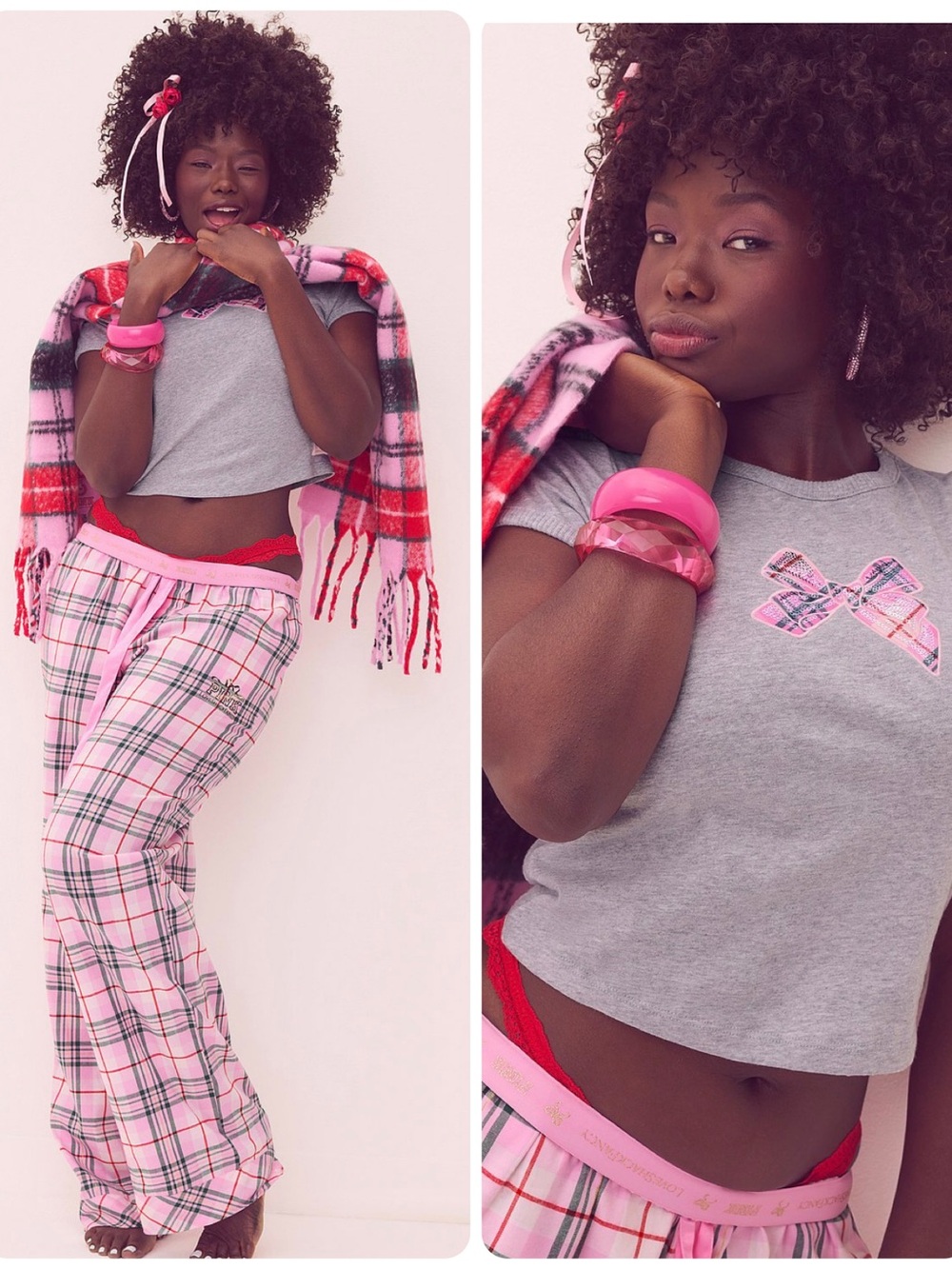 PINKxLoveShackFancy Gray Tee with sequin bow and Pink Plaid Pajama Pants